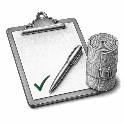 Engraved illustration of a clipboard with a claim form, a pen, and a rolled bandage