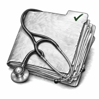 Engraved illustration of a thick medical records folder with a stethoscope resting on it