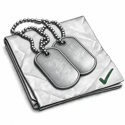 Engraved illustration of military dog tags resting on a folded document